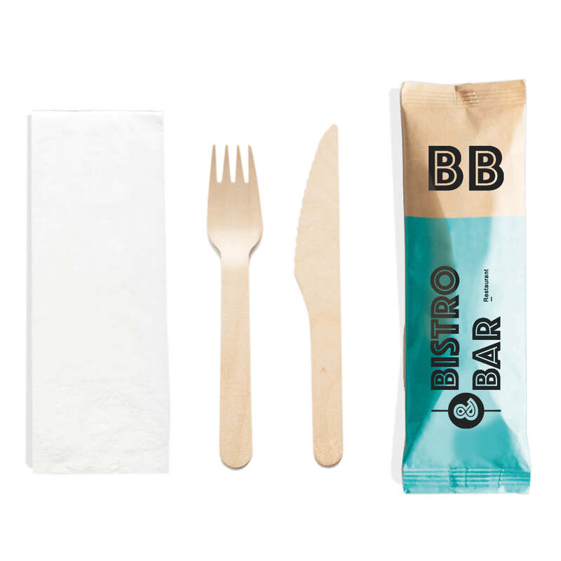 Individually Wrapped Printed Wooden Cutlery Napkin Set